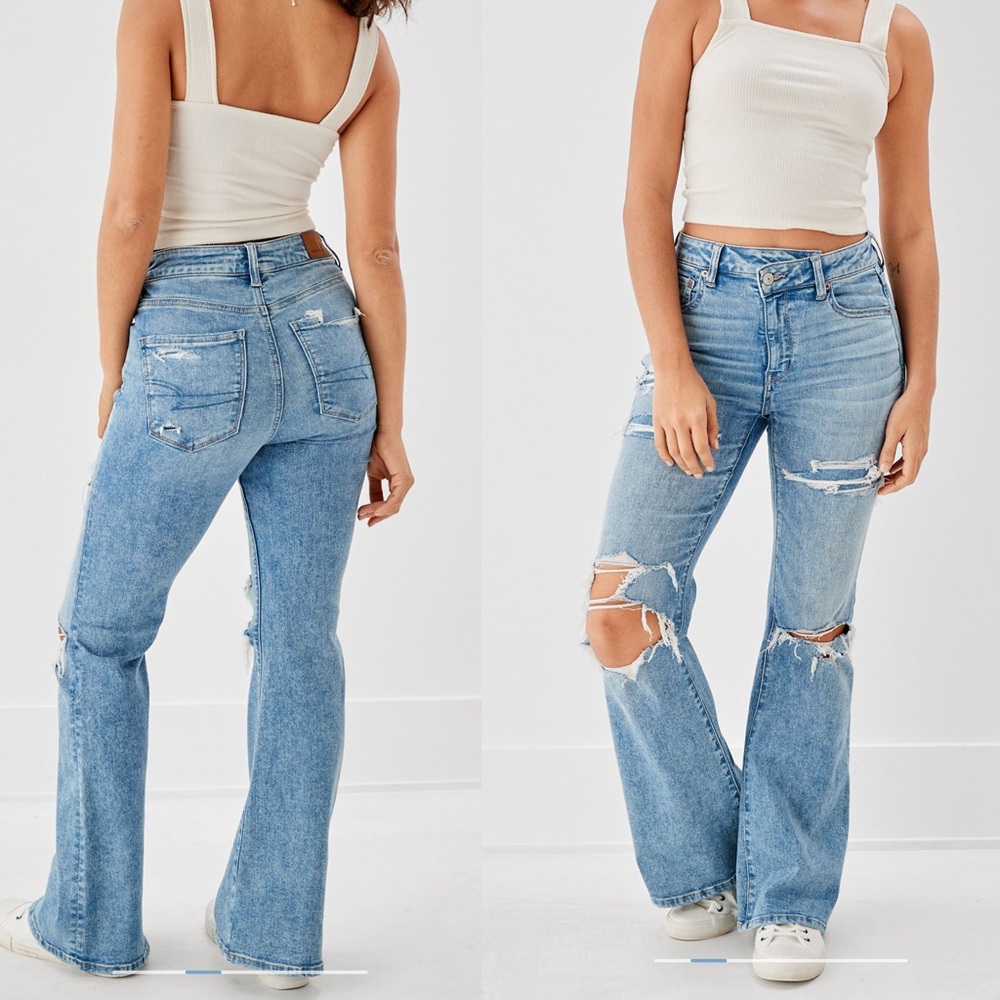 American Eagle High Waisted Flare Jean 8 X-Long asymmetrical jeans